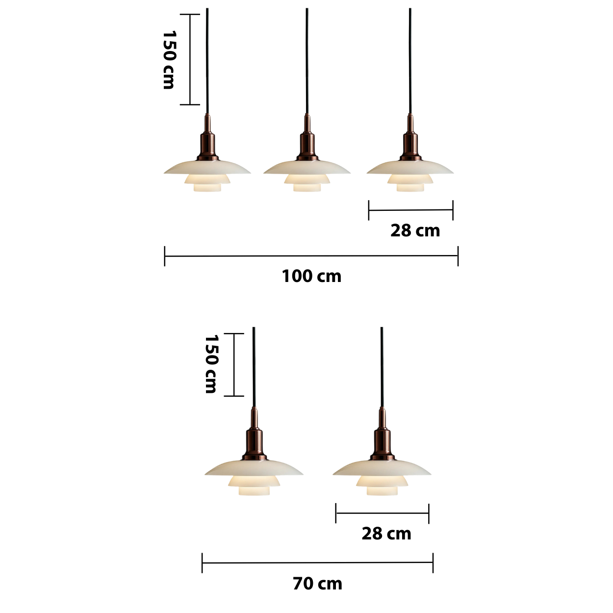 2/3 Head Danish Designer Pendant Light — dimensions