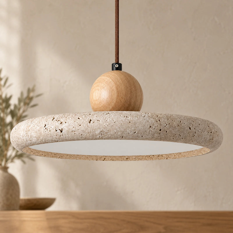 Travertine Wood Pendant Light — Ø 30 × H 11 cm — hauteur confirmée — vue 1