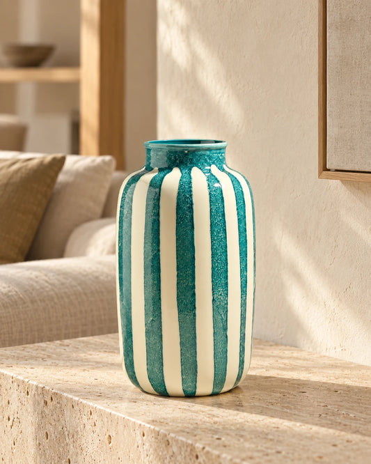 STRIA — Vase en céramique bleu · 36 cm — vue principale sur console