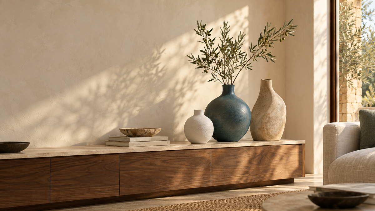 Ambiance décorative créée pour Taahys : vases sculpturaux sur un buffet en bois, dans un intérieur moderne baigné de lumière.